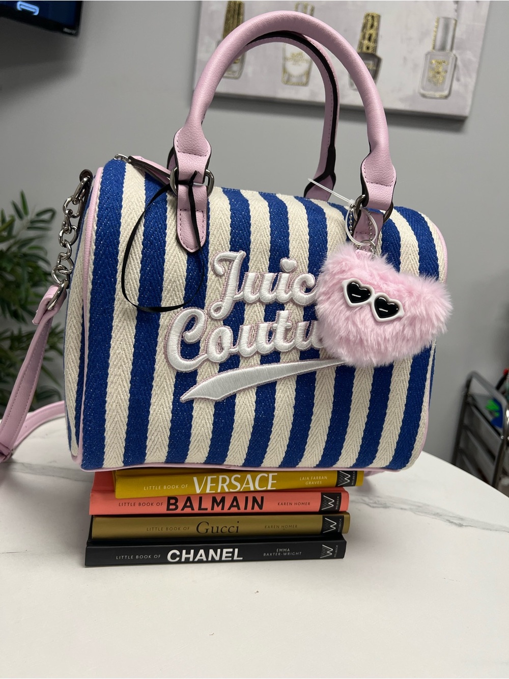 Juicy Couture Blue & Cream Striped Satchel with Pink Accents